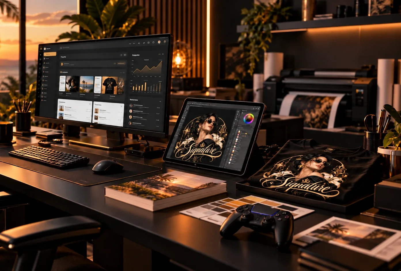 The Studio Aria desk at sunset: a dashboard on the monitor, the Signature design on a tablet and printed on a black tee, a book, colour swatches and a game controller
