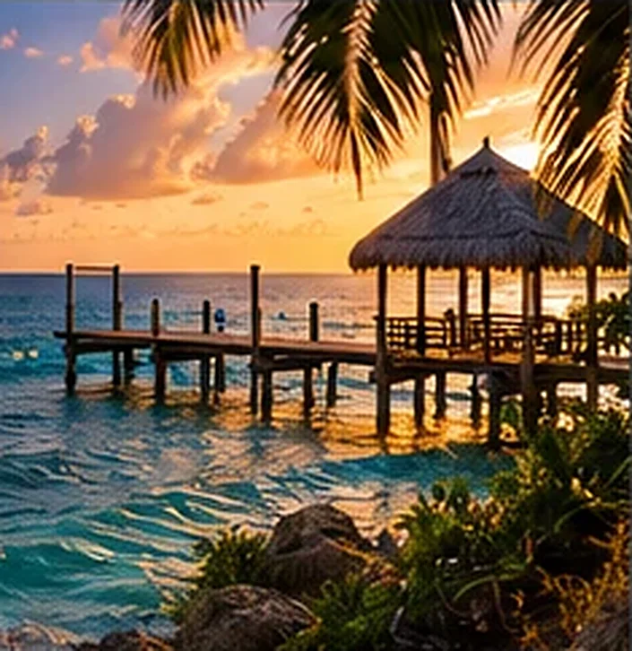A wooden pier and thatched palapa over the sea at sunset