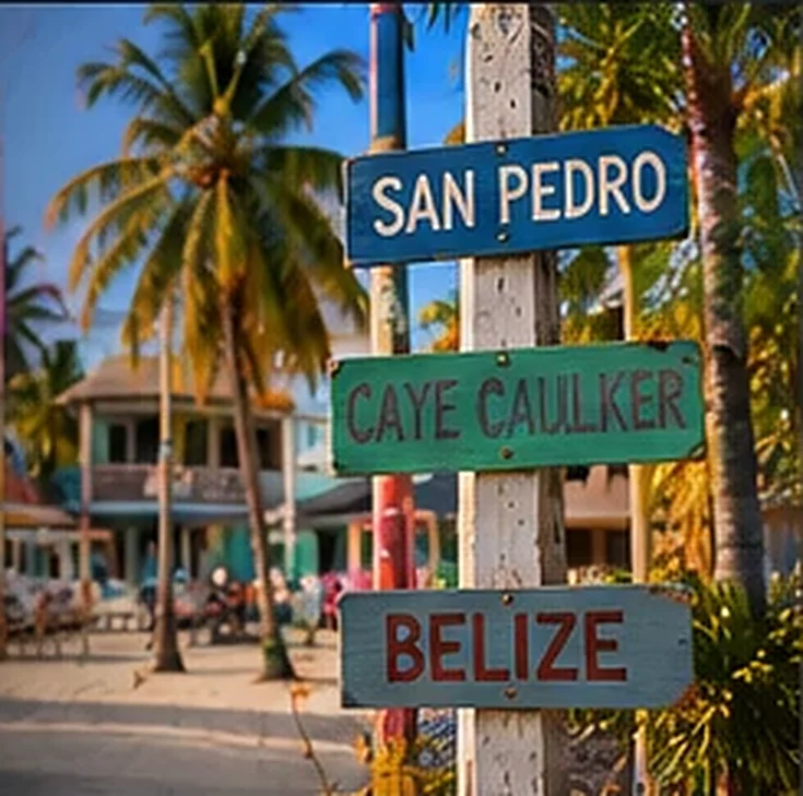 Wooden signposts reading San Pedro, Caye Caulker and Belize on a beach
