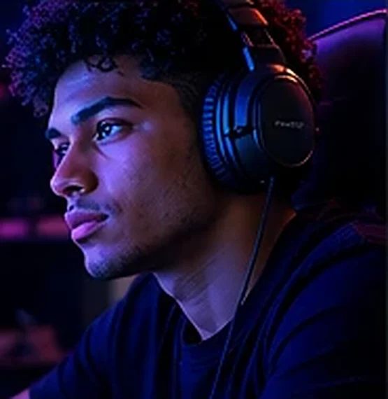 A gamer in headphones lit by a blue screen