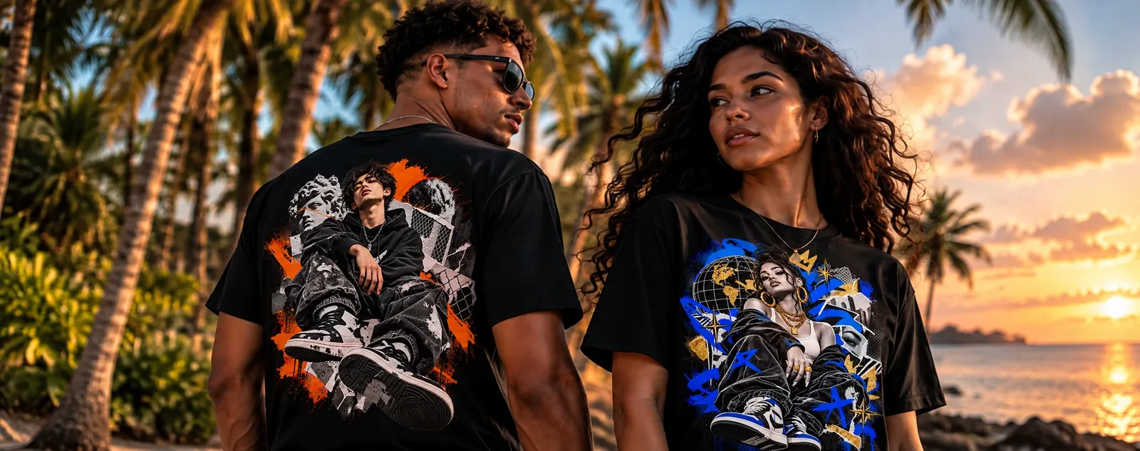 A man and a woman on a beach at sunset, both in black Studio Aria tees