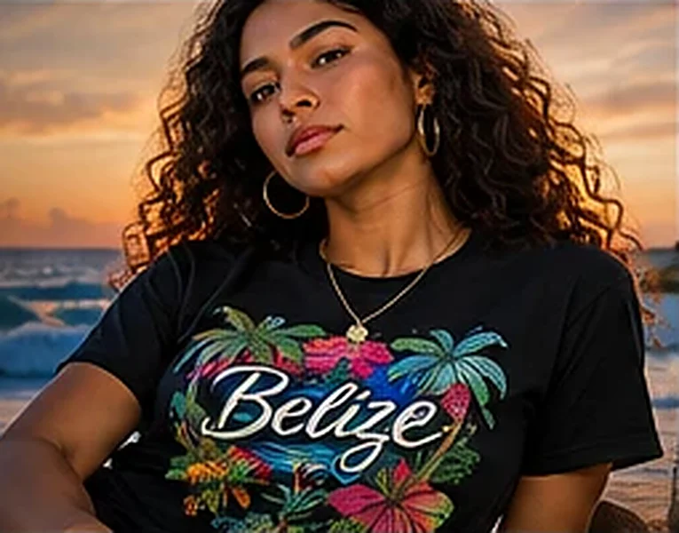 Woman wearing a black Belize tee with a tropical flower print at sunset