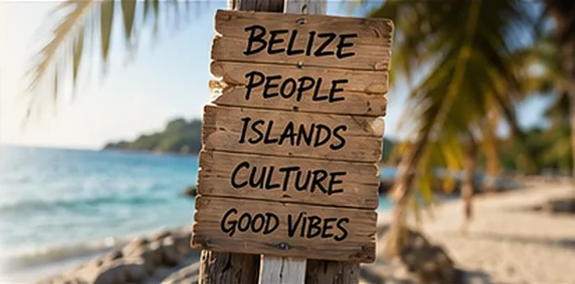 A wooden beach sign reading Belize, People, Islands, Culture, Good Vibes