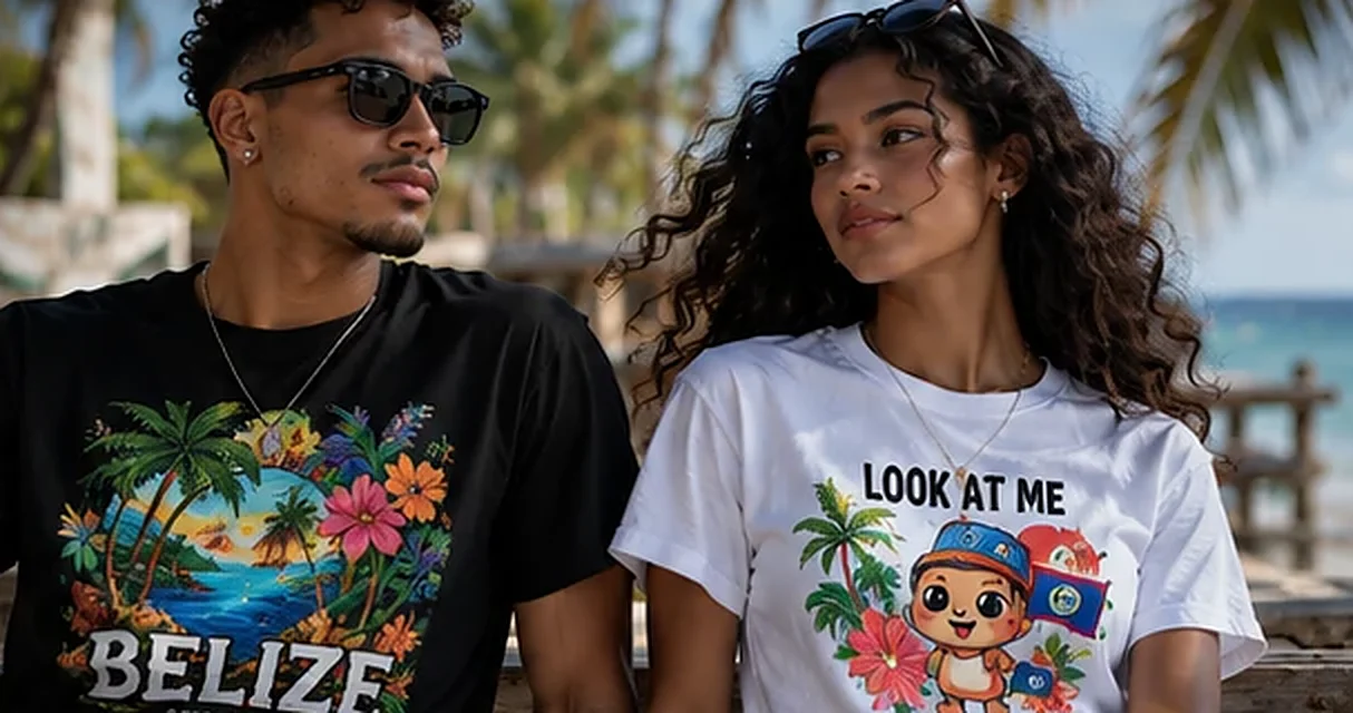 Two people wearing Studio Aria graphic tees, a black BELIZE tee and a white LOOK AT ME tee, by the sea