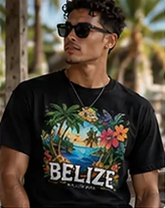 Man wearing the black Belize Paradise tee