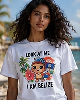 Woman wearing the white Ninimo Belize tee, LOOK AT ME I AM BELIZE
