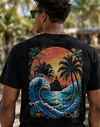 Back view of the black Tropical Vibes tee with a sunset wave print